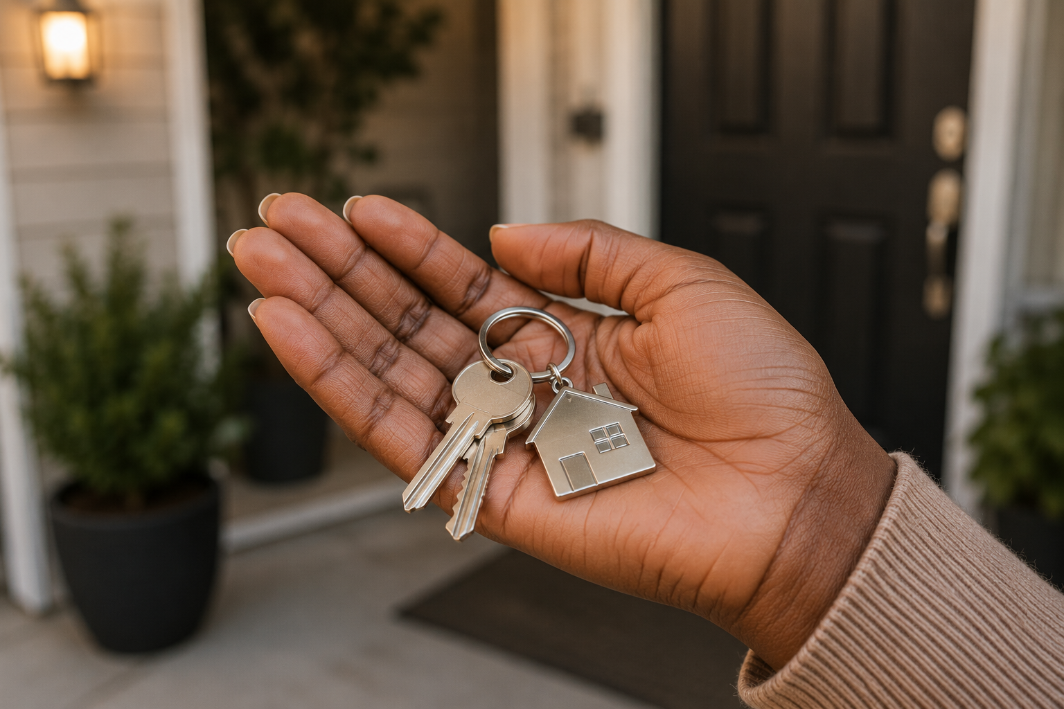 A hand holding house keys in front of a welcoming front door